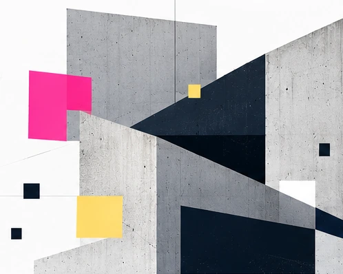 Abstrakt brutalistisk komposition med beton, skarpe vinkler og detaljer i pink, gul og marineblå
